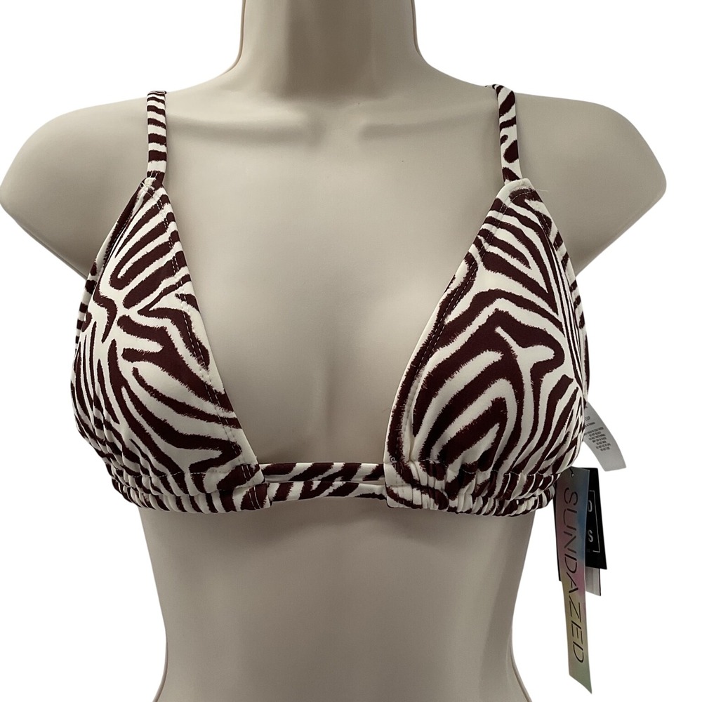 Sundazed Zebra Print Triangle Bikini Top Mocha Brown Cream 32D F76111 NWT